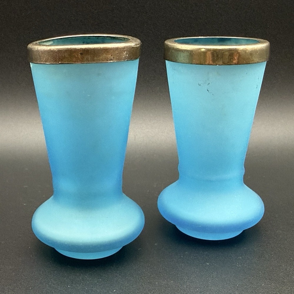 Antique Italian Opaline Blue Glass Posy Bud Vase Pair Silver Rim Victorian 3in - Picture 3 of 8